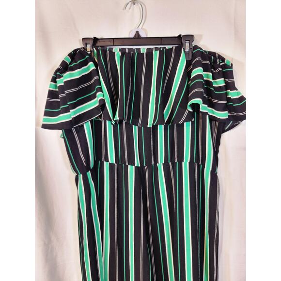 Ups & Downs $40 1X Black White Green Striped Ruffle Top Strapless Long Romper - Picture 2 of 5